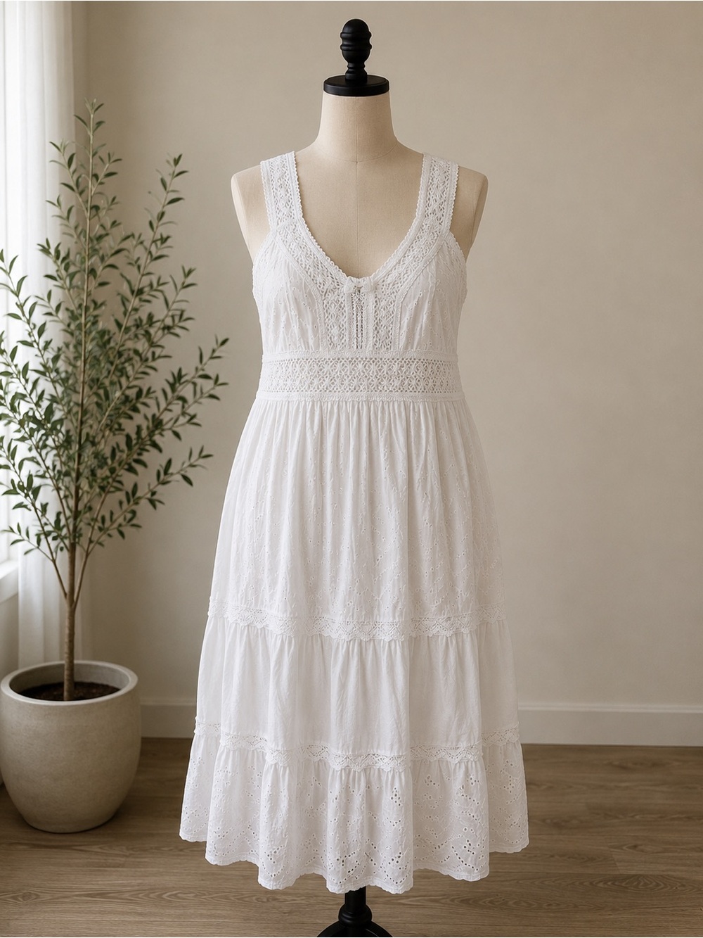 White Eyelet Tiered Sundress - Lightweight Summer Dress